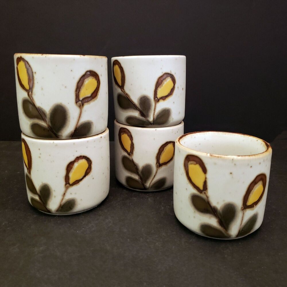 Otagiri Stoneware Pottery Cups Mugs Tea Sake Yellow Botanical Vintage Set of 5